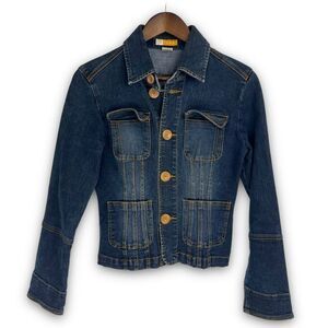 Tulle Dark Wash Button Front Cropped Long‎ Sleeve Stretch Denim Jacket Small